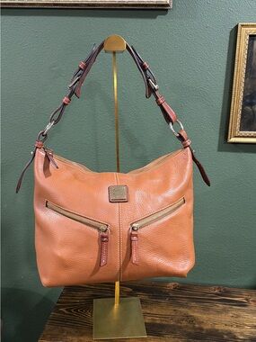 Dooney & Bourke Tan Pebbled Leather Shoulder Bag with Dual Front Zips
